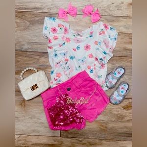 🥰 white ruffle pink blue floral top with matching pink sequin denim shorts